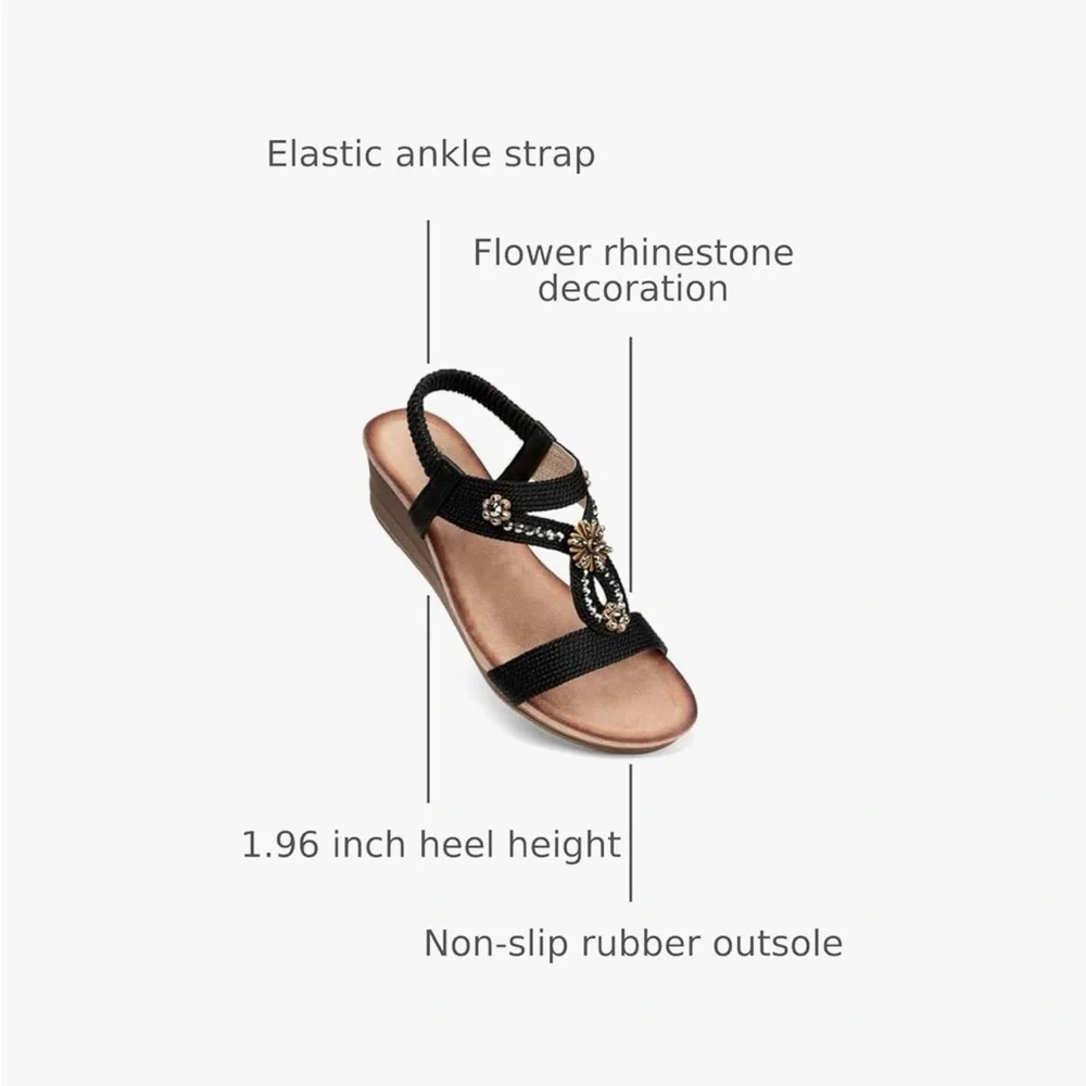 Shibever Black Floral-Accent Women's Wedge Sandals Size 39/8-8.5